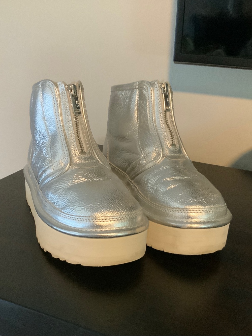 UGG Silver Metallic Front-Zip Platform Boots